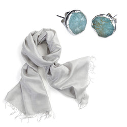 Soft Grey Silk Scarf + Silver Aquamarine Studs - Afghanistan